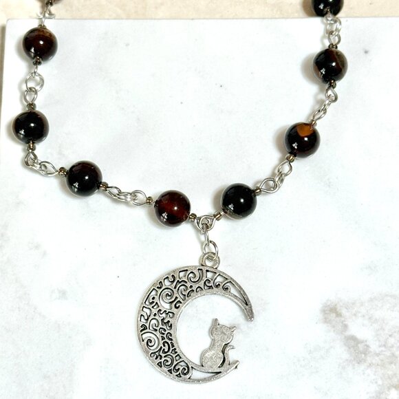 Genuine Dark Brown Agate Necklace, Natural Gemstone & Cat on the Moon Pendant - Picture 5 of 15
